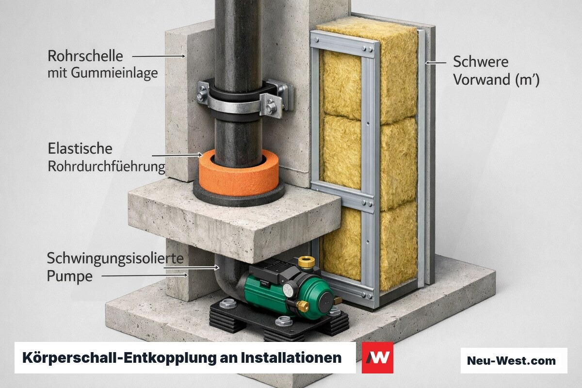 Cutaway-Detail einer Installationswand mit gummigelagerter Rohrschelle, elastischer Rohrdurchführung, schwingungsisolierter Pumpe und schwerer Vorwand zur Körperschalldämmung.