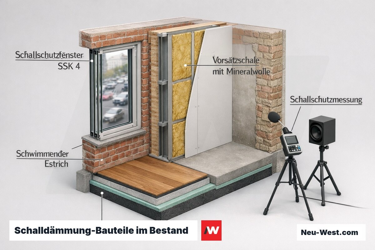 Querschnitt eines sanierten Berliner Raums mit Schallschutzfenster, Vorsatzschale, schwimmendem Estrich und Schallschutzmessgerät zur Abnahmemessung.