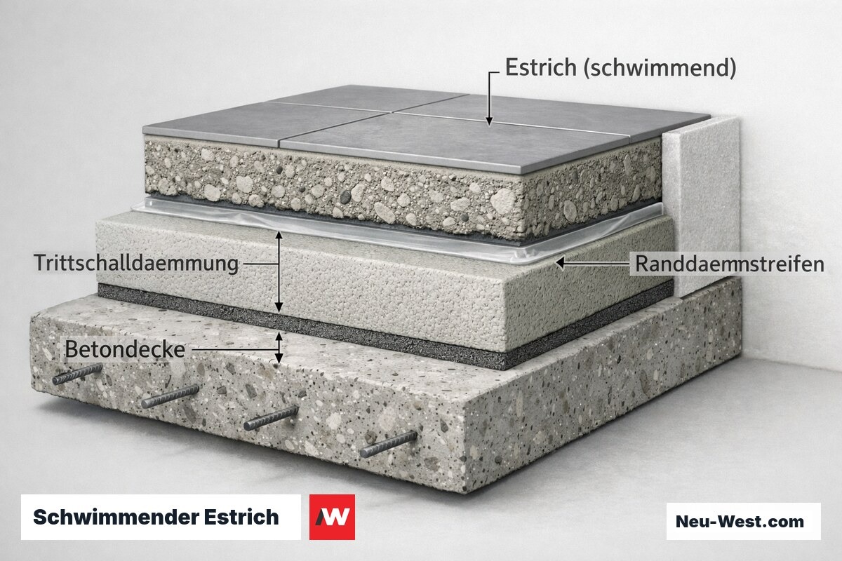 Technischer Querschnitt eines schwimmenden Estrichs mit Trittschalldämmung, Randdämmstreifen und Betonträgerdecke von unten nach oben.