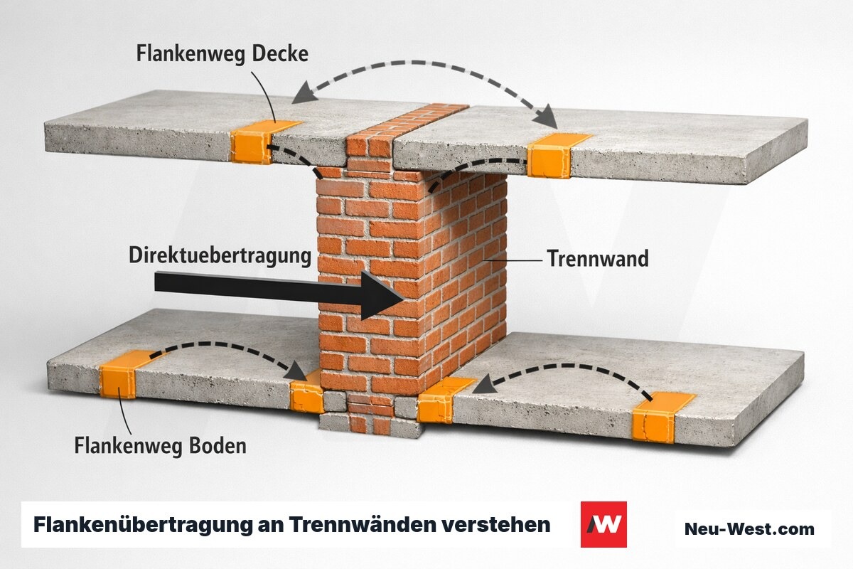 Querschnitt einer Trennwand zwischen zwei Wohnungen zeigt direkten Schallweg und vier Flankenwege über Decke und Boden.