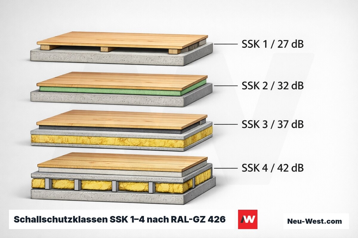 Schallschutzklassen SSK 1–4 nach RAL-GZ 426 – Erklär-Grafik (NEUWEST Berlin)