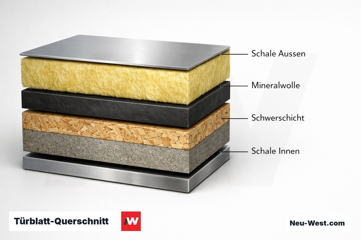 Türblatt-Querschnitt: Masse-Feder-Masse-Aufbau (asymmetrisch) – Erklär-Grafik (NEUWEST Berlin)