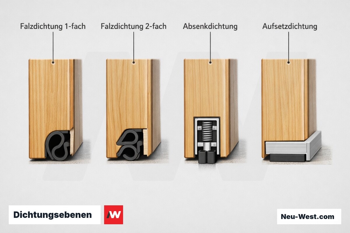 Dichtungsebenen: Falzdichtung, Absenkdichtung und Aufsetzdichtung im Vergleich – Erklär-Grafik (NEUWEST Berlin)