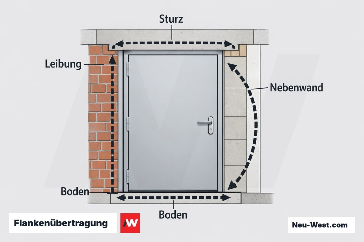 Flankenübertragung: Schallnebenwege um die eingebaute Schallschutztür – Erklär-Grafik (NEUWEST Berlin)