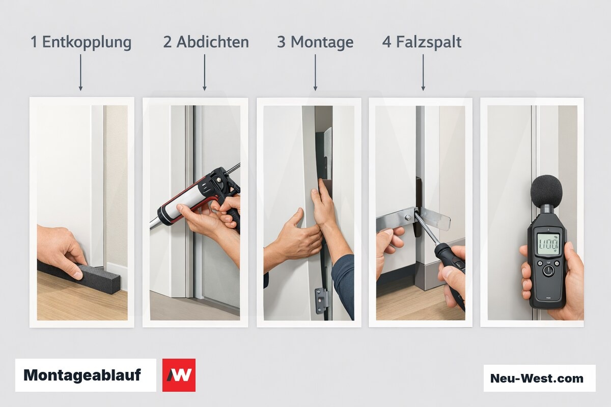 Montageablauf: 6 Schritte zur schallgerechten Türinstallation – Erklär-Grafik (NEUWEST Berlin)