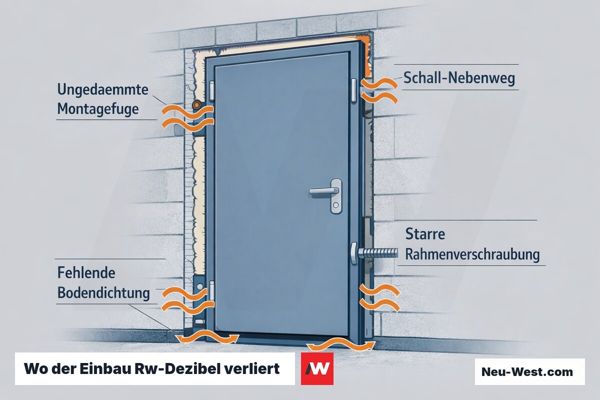 Cutaway-Querschnitt einer eingebauten Schallschutztür mit markierten Schwachstellen wie offener Montagefuge, Bodenspalt und starrer Verschraubung, durch die Schall in den Raum dringt.