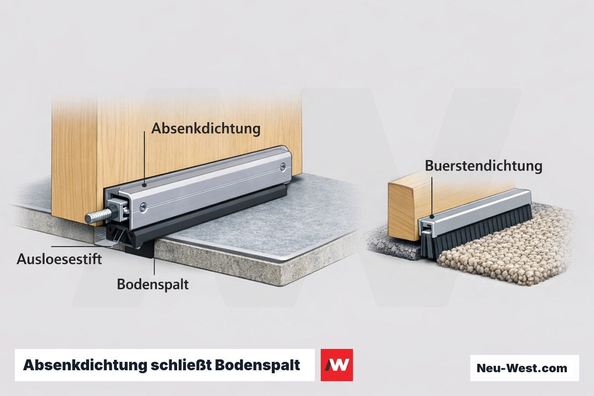 Querschnitt der Türunterkante: ausgefahrene Absenkdichtung mit Auslösestift schließt den Bodenspalt, daneben justierbare Bürstendichtung auf Teppichboden.