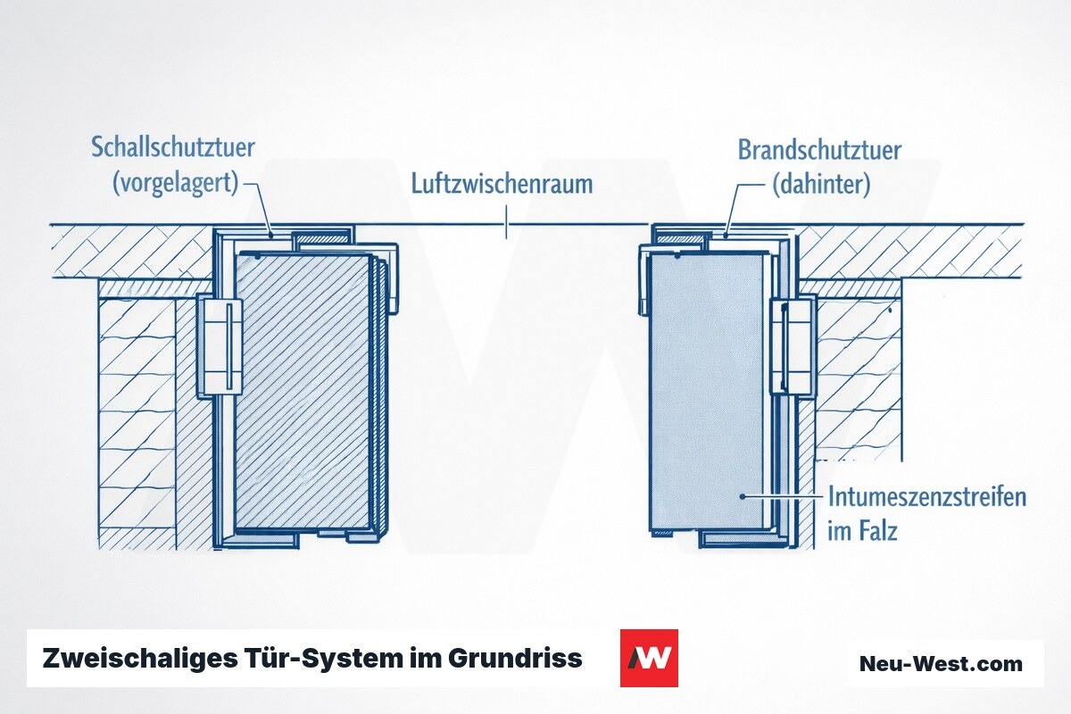 Grundriss-Querschnitt eines zweischaligen Systems: vorgelagerte Schallschutztür, Luftzwischenraum und dahinterliegende Brandschutztür mit Intumeszenzstreifen im Falz.