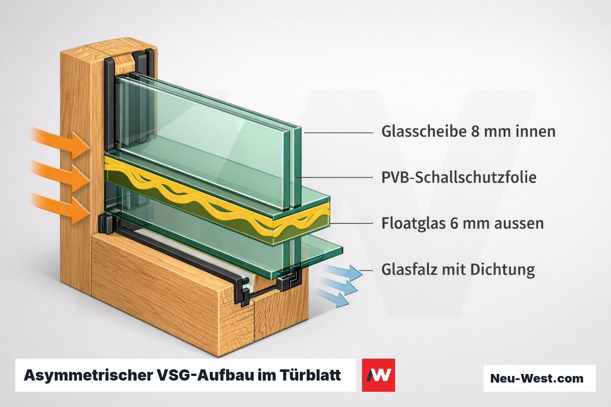 Querschnitt eines asymmetrischen VSG-Türglases: 8-mm-Innenscheibe, PVB-Schallschutzfolie und 6-mm-Außenscheibe dämpfen Schall im Glasfalz.