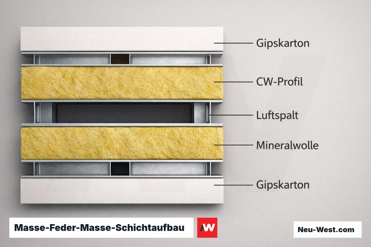 Masse-Feder-Masse-Schichtaufbau: Doppelschalige CW-Trennwand – Erklär-Grafik (NEUWEST Berlin)