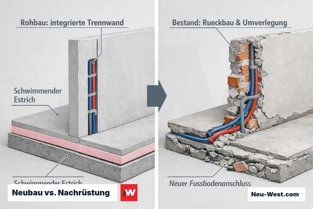 Querschnitt-Vergleich: integrierter Schallschutz im Rohbau gegenüber teurer Nachrüstung im Bestand mit Rückbau, Umverlegung und neuem Fußbodenanschluss.