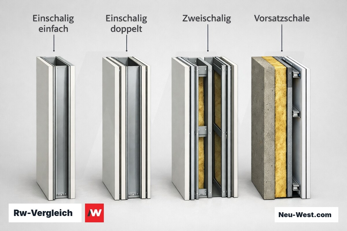 Rw-Vergleich: Schallschutzwand-Konstruktionsvarianten im Überblick – Erklär-Grafik (NEUWEST Berlin)