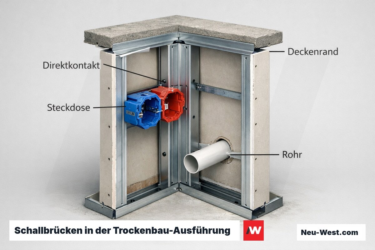 Schallbrücken in der Trockenbau-Ausführung: vier typische Fehler – Erklär-Grafik (NEUWEST Berlin)