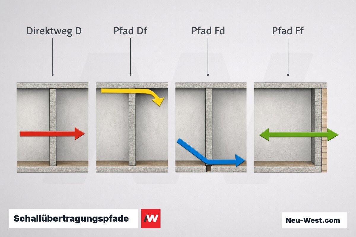 Schallübertragungspfade: Direktweg und Flankenübertragung Df / Fd / Ff – Erklär-Grafik (NEUWEST Berlin)