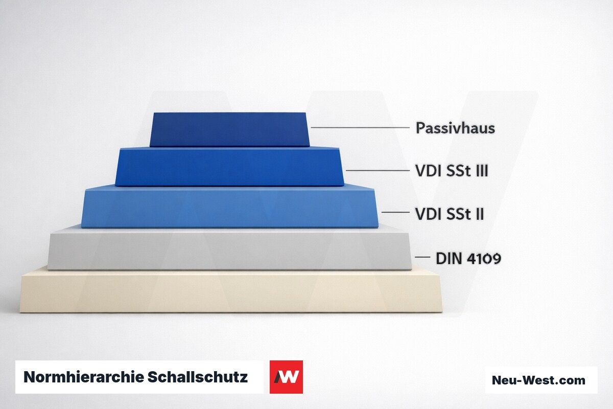 Normhierarchie Schallschutz: DIN 4109 bis Passivhaus-Standard – Erklär-Grafik (NEUWEST Berlin)