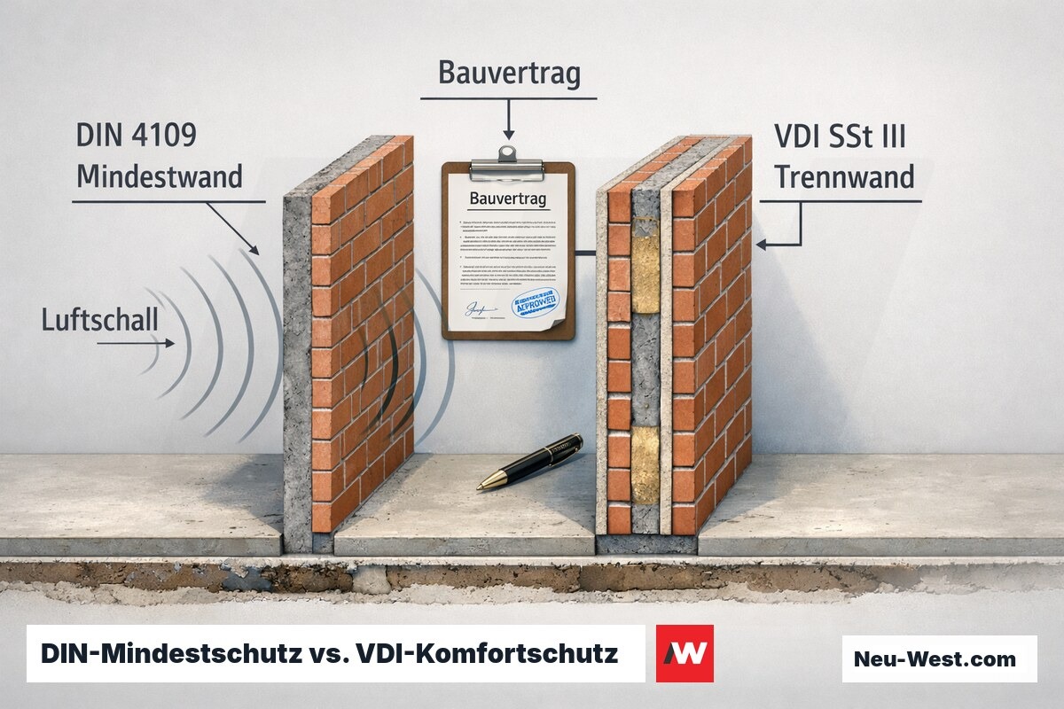 Vergleich zweier Wohnungstrennwaende: duenne DIN-4109-Mindestwand gegenueber dicker VDI-SSt-III-Wand, verknuepft mit Bauvertrag als rechtliche Voraussetzung.