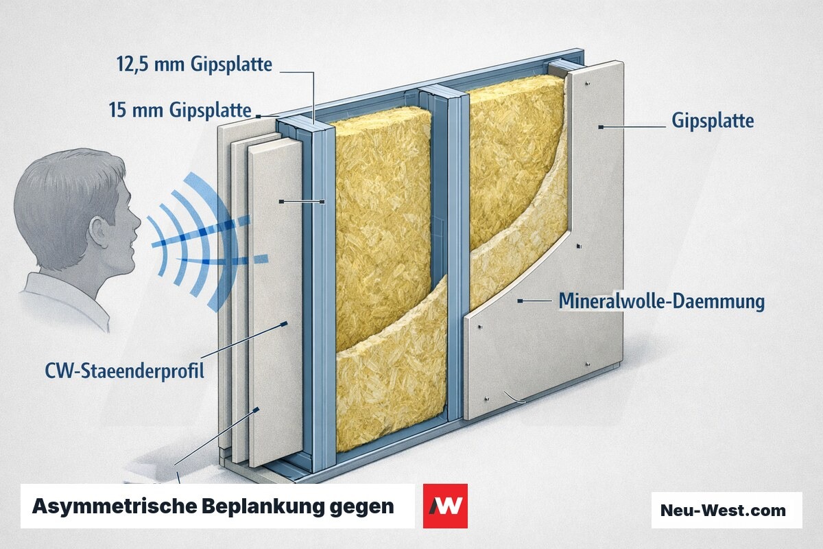 Wandquerschnitt einer Trockenbauwand mit asymmetrischer Gipsplatten-Beplankung, Ständerwerk und Mineralwolle zur Glättung des Schalldämm-Spektrums.