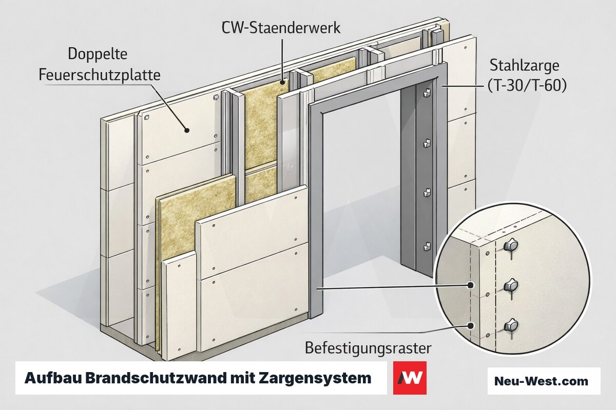 Querschnitt einer Brandschutzwand: doppelte Feuerschutzplatten, CW-Ständerwerk, eingebaute T-30/T-60-Stahlzarge und geprüftes Befestigungsraster.