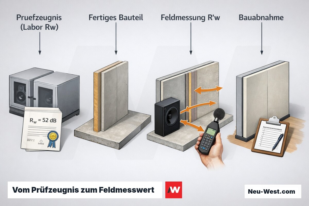 Prozessgrafik: Laborprüfzeugnis, fertige Trennwand, In-situ-Feldmessung R'w mit Flankenanteilen und Bauabnahme-Protokoll.