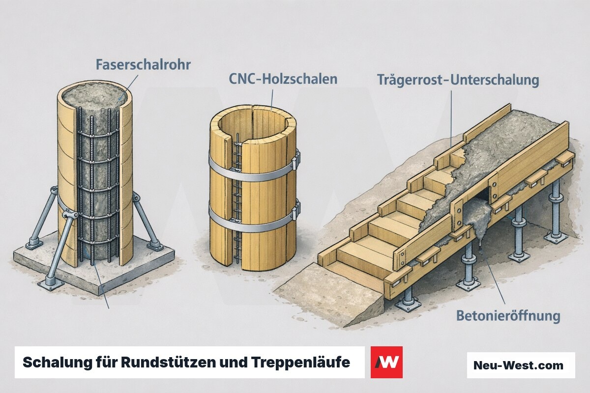 Erklär-Grafik: Rundstützen-Schalung in Faserschalrohr und CNC-Holzschalen sowie geneigte Treppenlauf-Unterschalung mit Betonieröffnung im Schnitt.