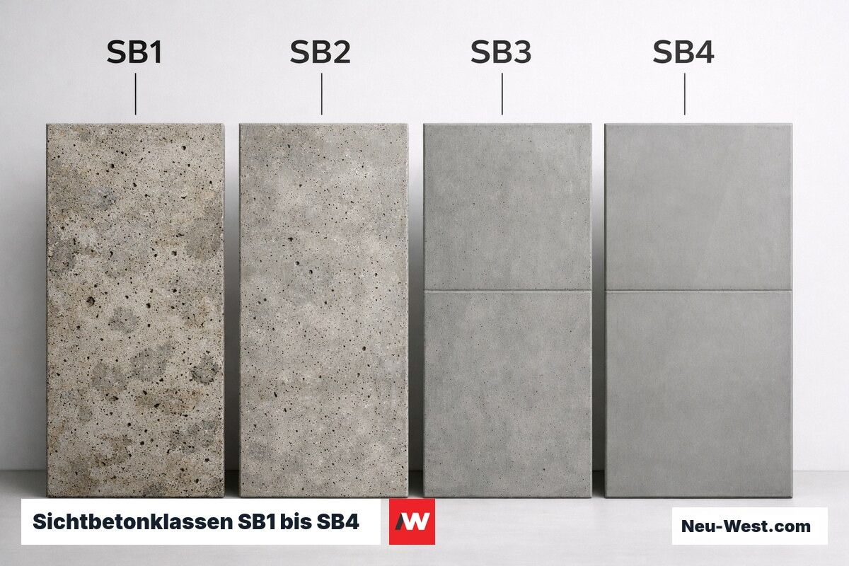 Sichtbetonklassen SB1 bis SB4 nach DBV-Merkblatt 'Sichtbeton' – Erklär-Grafik (NEUWEST Berlin)
