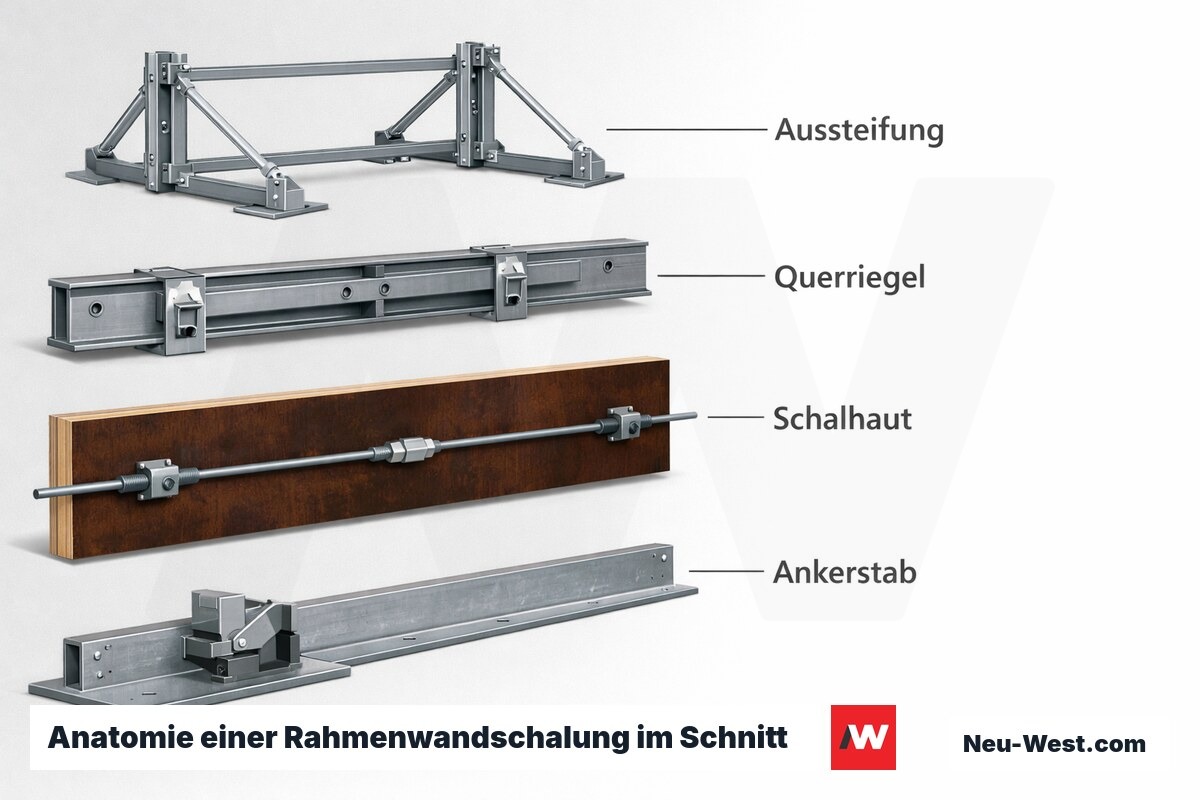 Anatomie einer Rahmenwandschalung im Schnitt – Erklär-Grafik (NEUWEST Berlin)