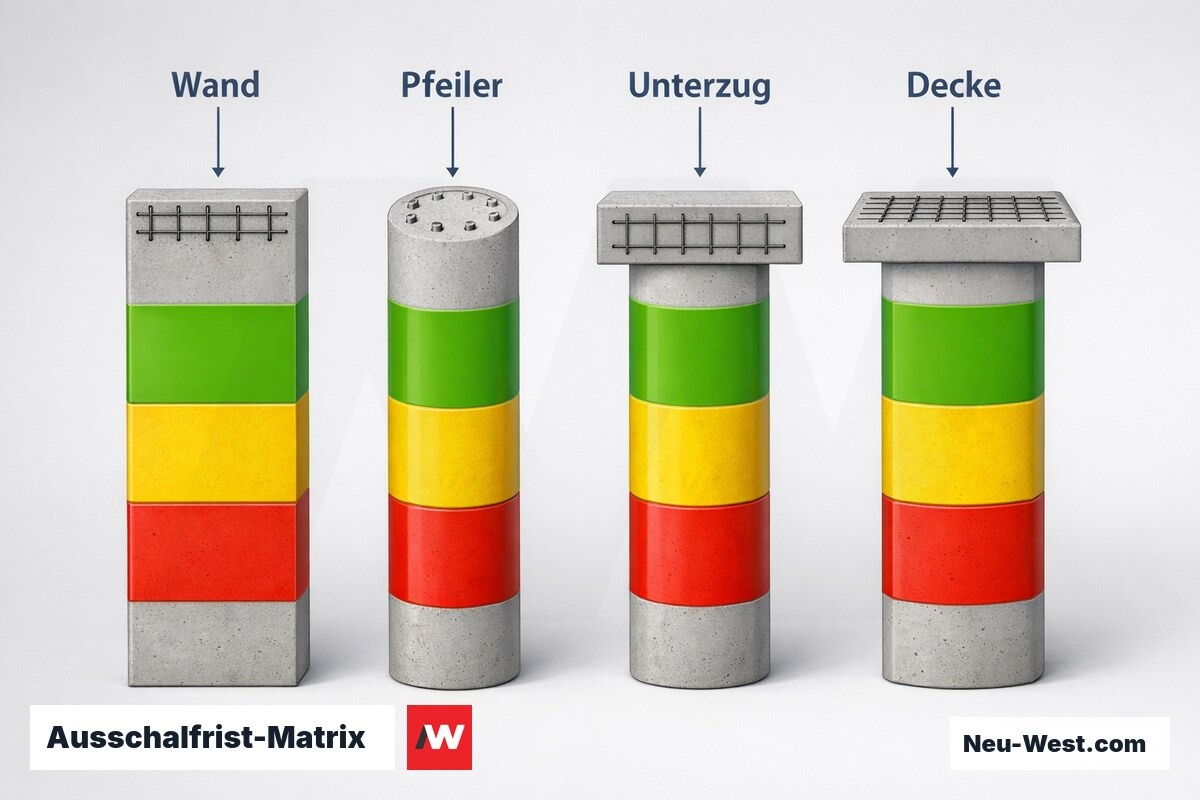 Ausschalfrist-Matrix: Bauteiltyp und Tagesmitteltemperatur – Erklär-Grafik (NEUWEST Berlin)