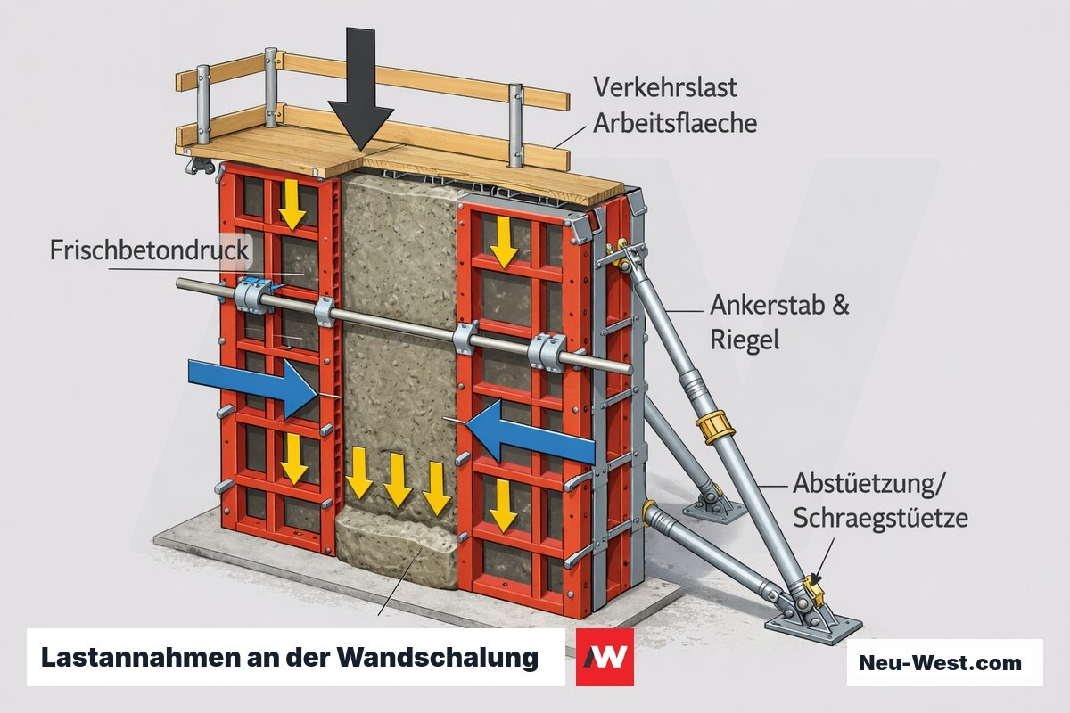 Querschnitt einer Wandschalung mit Ankern, Abstützung und Arbeitsbühne; Pfeile zeigen Frischbetondruck, Eigenlast und Verkehrslast nach DIN EN 12812.