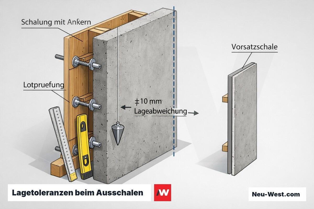 Querschnitt einer Betonwand mit Schalung, Lotprüfung und Maßkontrolle zeigt zulässige Lageabweichung von ±10 mm nach DIN 18202 sowie Korrektur per Vorsatzschale.