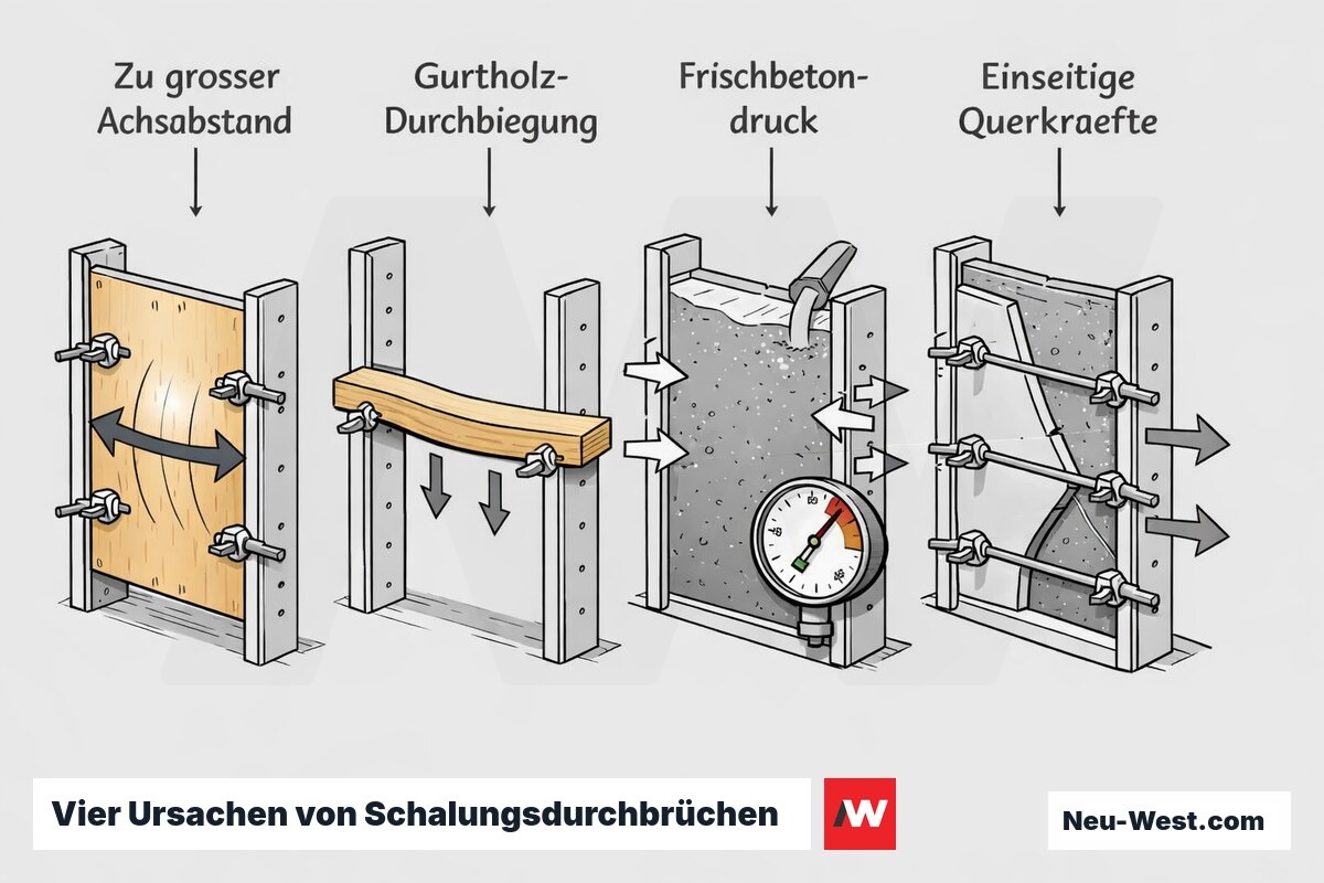 Erklär-Grafik in vier Panels: zu großer Ankerabstand, durchgebogenes Gurtholz, überschrittener Frischbetondruck und einseitige Querkräfte als Ursachen von Schalungsdurchbrüchen.