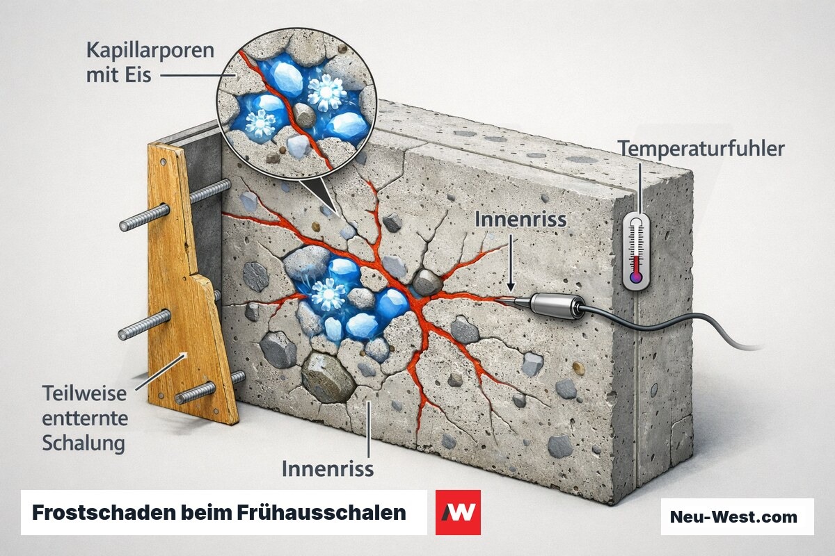 Cutaway eines erhärtenden Betonbauteils: gefrorenes Wasser in Kapillarporen sprengt den Beton von innen, mit Temperaturfühler und teilweise entfernter Schalung.