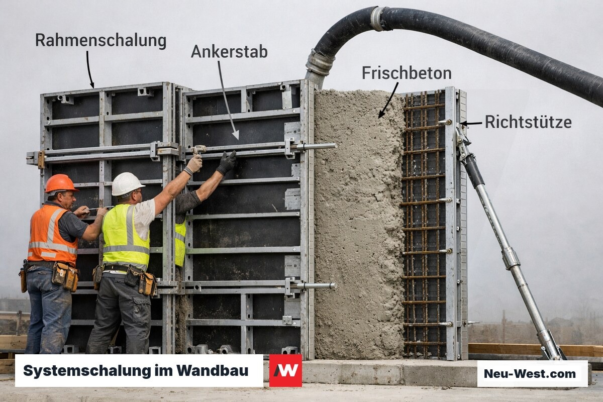 Arbeiter montieren modulare Aluminium-Rahmenschalung für Stahlbetonwand auf einer Baustelle, Ankerstäbe und Richtstützen sichtbar.