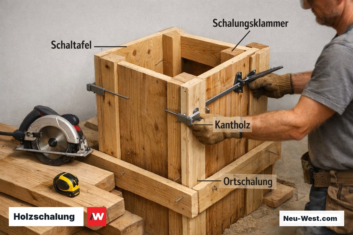 Zimmerer baut traditionelle Holzschalung für Betonstütze aus Schaltafeln und Kanthölzern, Werkzeug und Holzmaterial im Vordergrund.