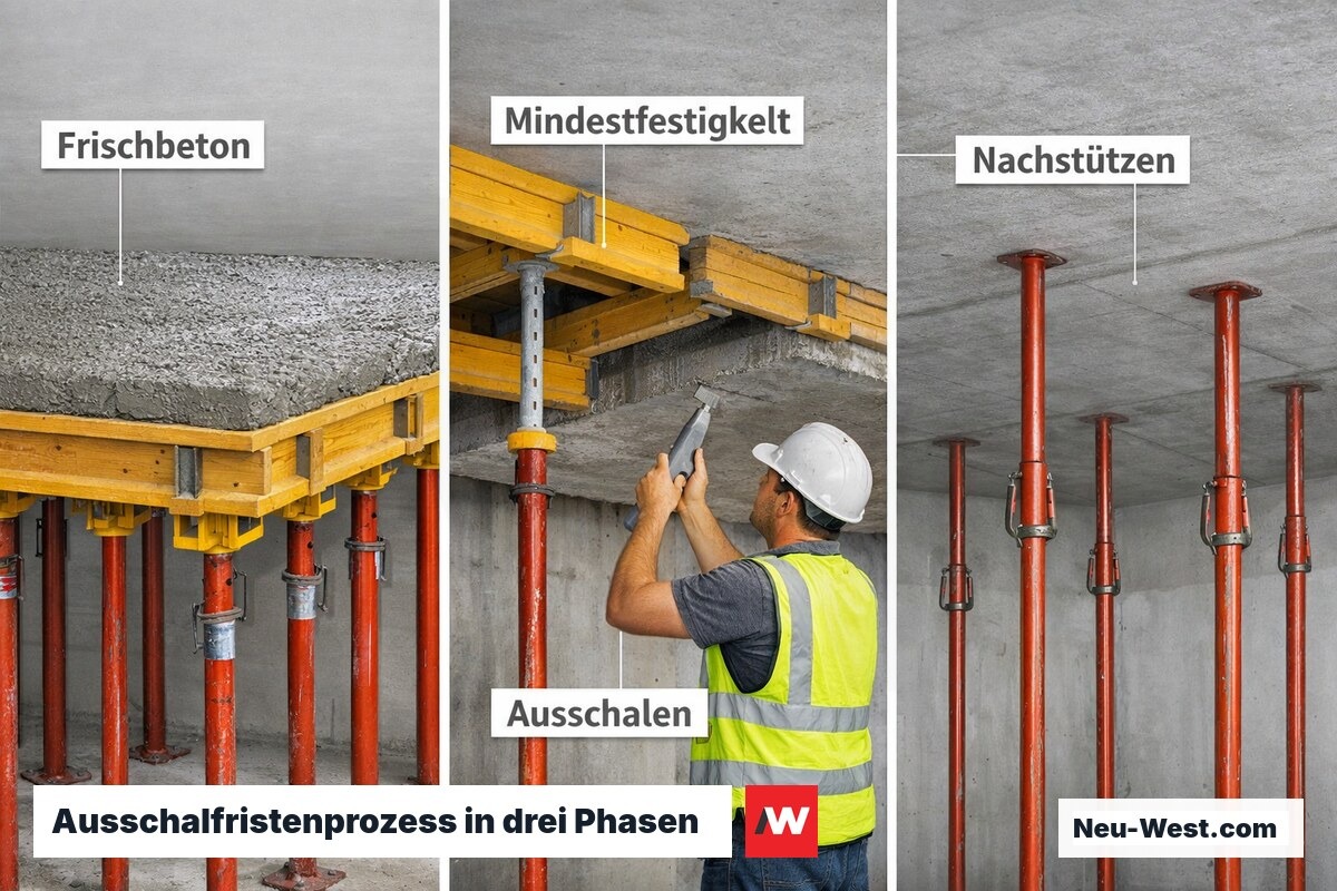 Dreigeteilte Darstellung des Ausschalvorgangs einer Betondecke: Betonage, Festigkeitsprüfung und Ausschalen mit Nachstützen.