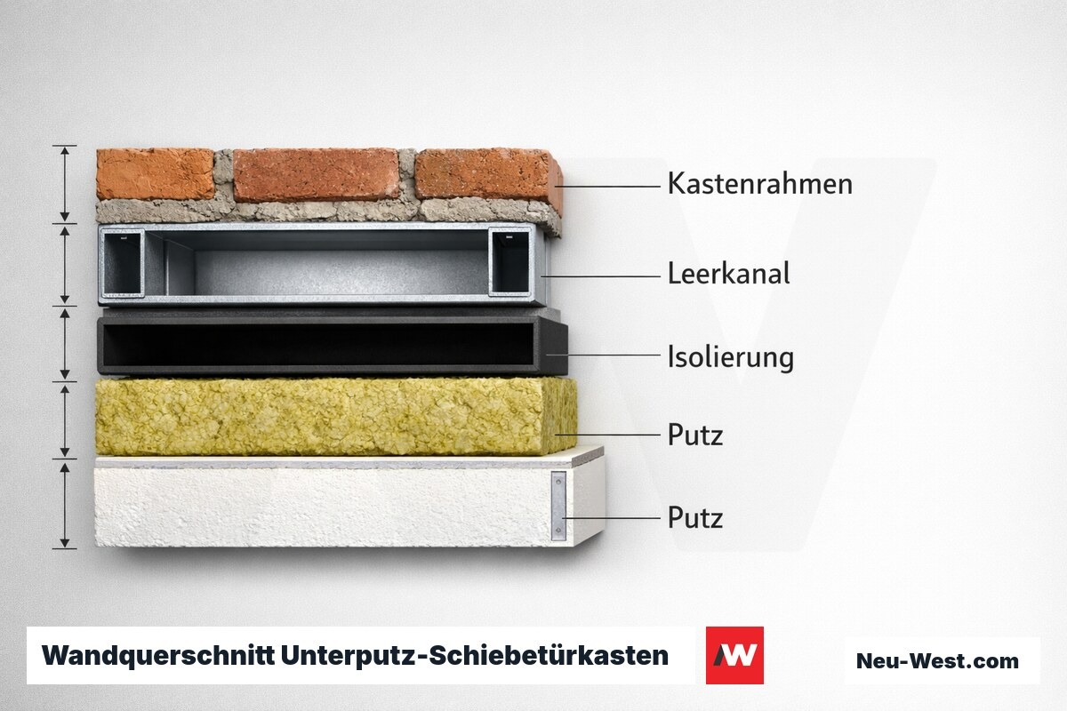 Wandquerschnitt Unterputz-Schiebetürkasten mit Bemaßung – Erklär-Grafik (NEUWEST Berlin)