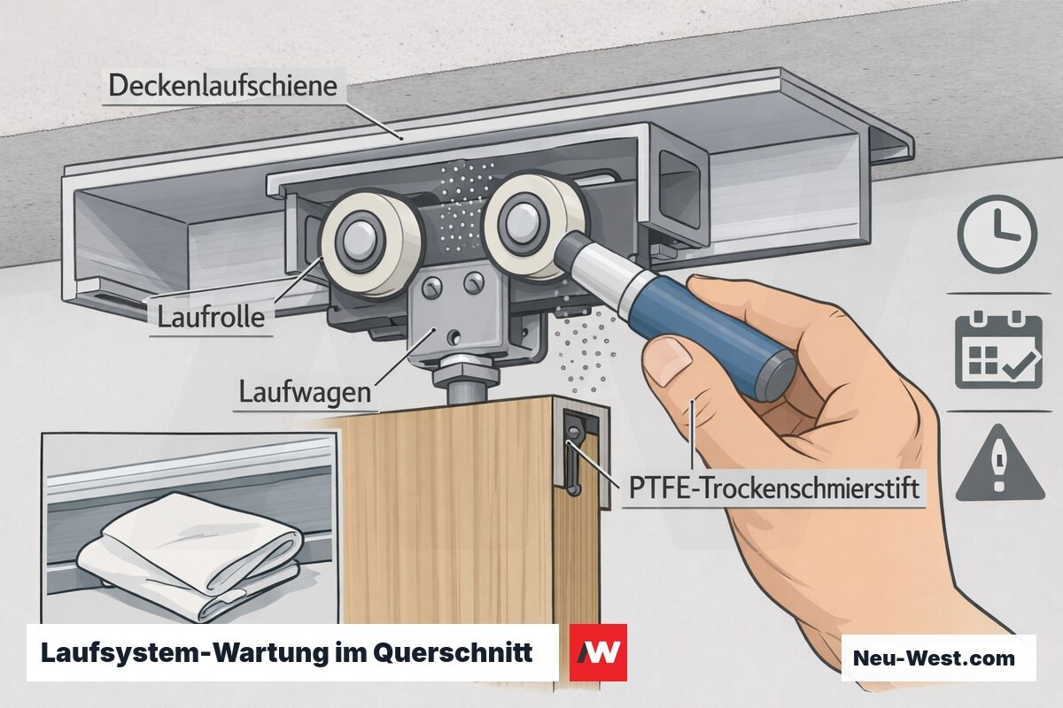 Querschnitt eines Deckenlaufsystems mit Laufschiene, Laufrolle, Laufwagen und PTFE-Trockenschmierstift samt Reinigungstuch und Wartungsintervallen.