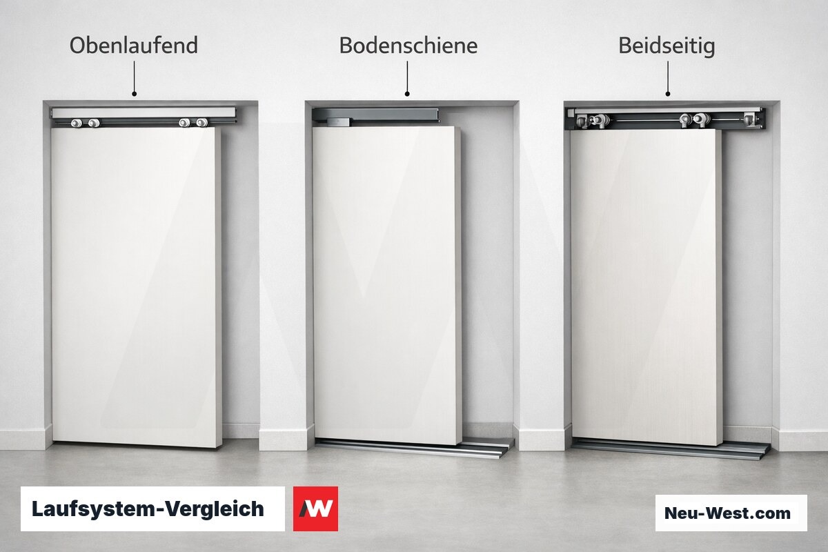 Laufsystem-Vergleich: Obenlaufend / Bodengeführt / Beidseitig – Erklär-Grafik (NEUWEST Berlin)
