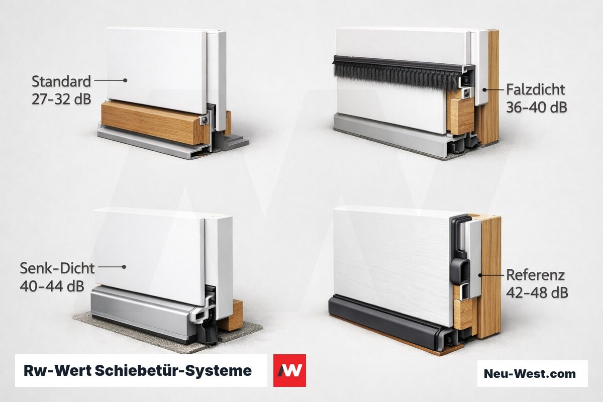Rw-Wert Schiebetür-Systeme: Schalldämmung im Vergleich – Erklär-Grafik (NEUWEST Berlin)