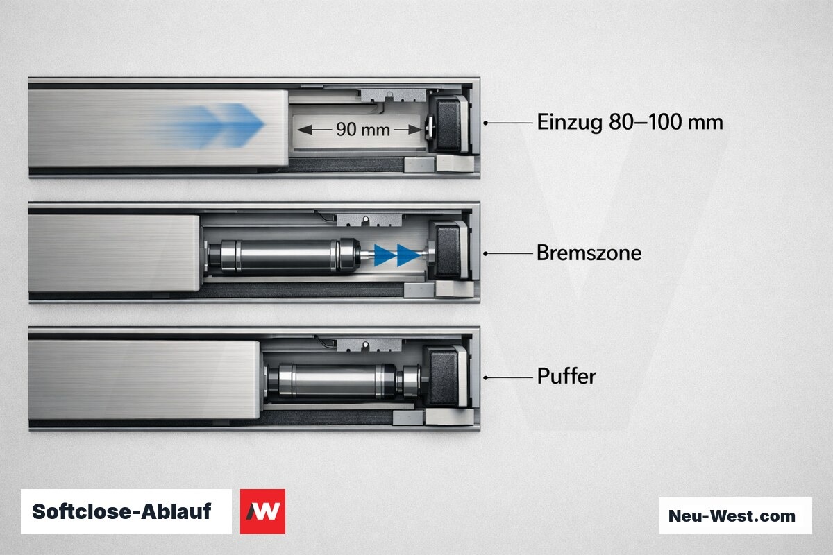 Softclose-Ablauf: Einzug, Bremszone, Endanschlag mit Maßangaben – Erklär-Grafik (NEUWEST Berlin)