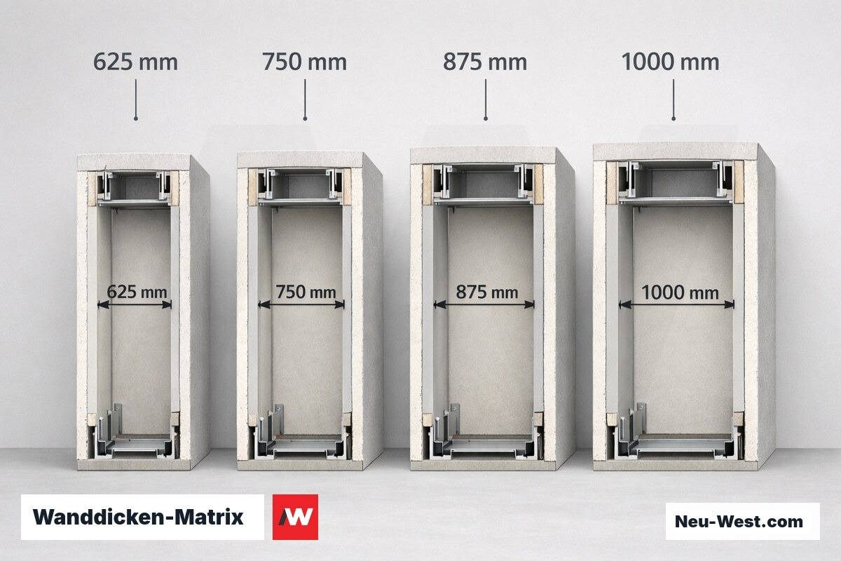Wanddicken-Matrix: Gesamtwanddicke nach Türblattbreite – Erklär-Grafik (NEUWEST Berlin)