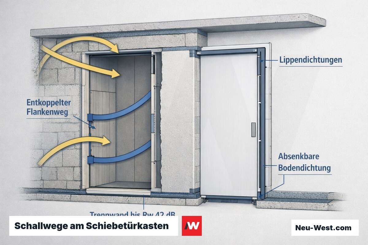 Schema der Schall- und Flankenwege an einem Unterputz-Schiebetürkasten mit Lippendichtungen, absenkbarer Bodendichtung und entkoppeltem Baukörper.
