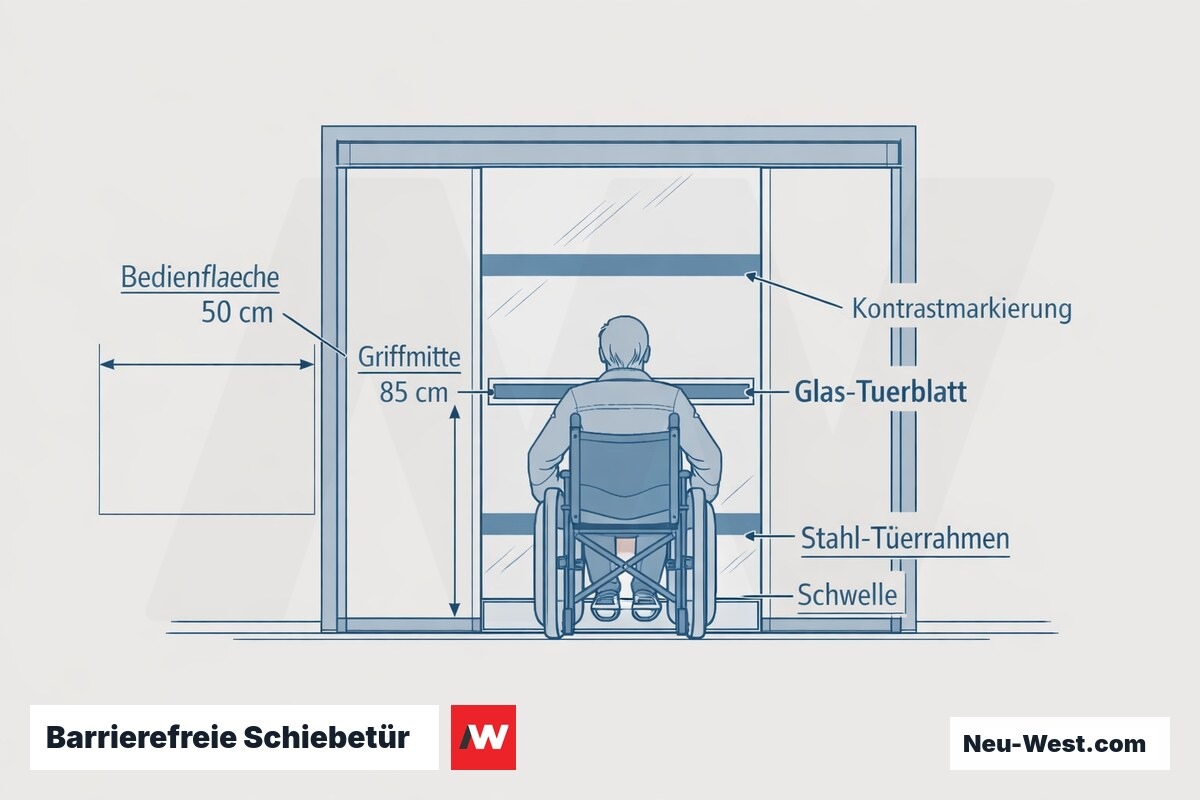 Querschnitt einer barrierefreien Schiebetür mit Griffhöhe 85 cm, 50 cm Bedienfläche seitlich und Kontrastmarkierungen am Glasblatt.
