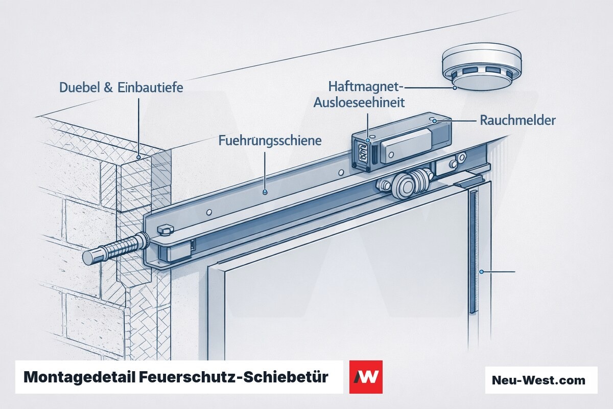Querschnitt einer Feuerschutz-Schiebetür: Dübelmontage mit Einbautiefe, Führungsschiene und elektromagnetische Auslöseeinheit mit Rauchmelder.