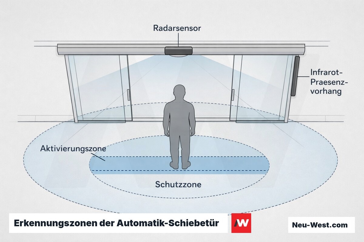 Draufsicht-Schema einer Automatik-Schiebetür mit Aktivierungszone, threshold-naher Schutzzone, Radarsensor am Sturz und Infrarot-Präsenzvorhang nach EN 16005.