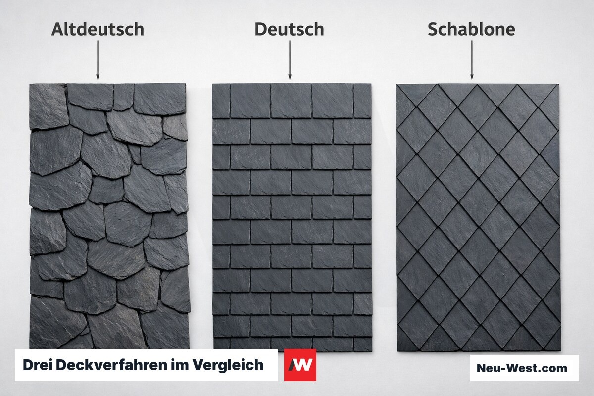 Drei Deckverfahren im Vergleich: Mindestneigung und Materialaufwand – Erklär-Grafik (NEUWEST Berlin)