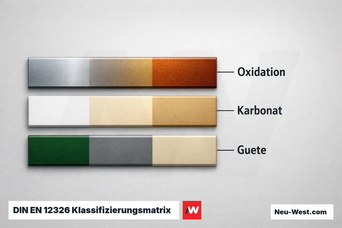 DIN EN 12326 Klassifizierungsmatrix: Oxidation, Karbonat, Güte – Erklär-Grafik (NEUWEST Berlin)