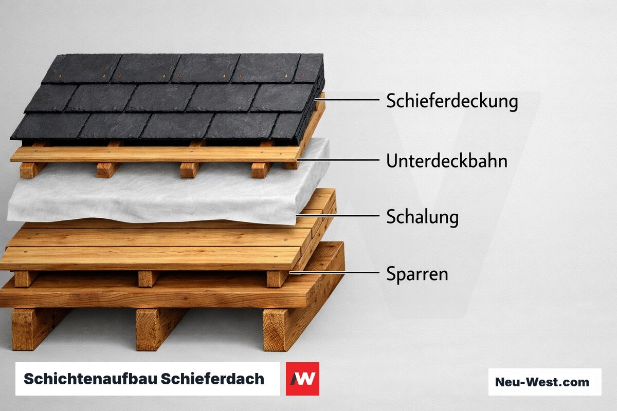 Schichtenaufbau Schieferdach: Von der Sparrenlage zur Deckung – Erklär-Grafik (NEUWEST Berlin)
