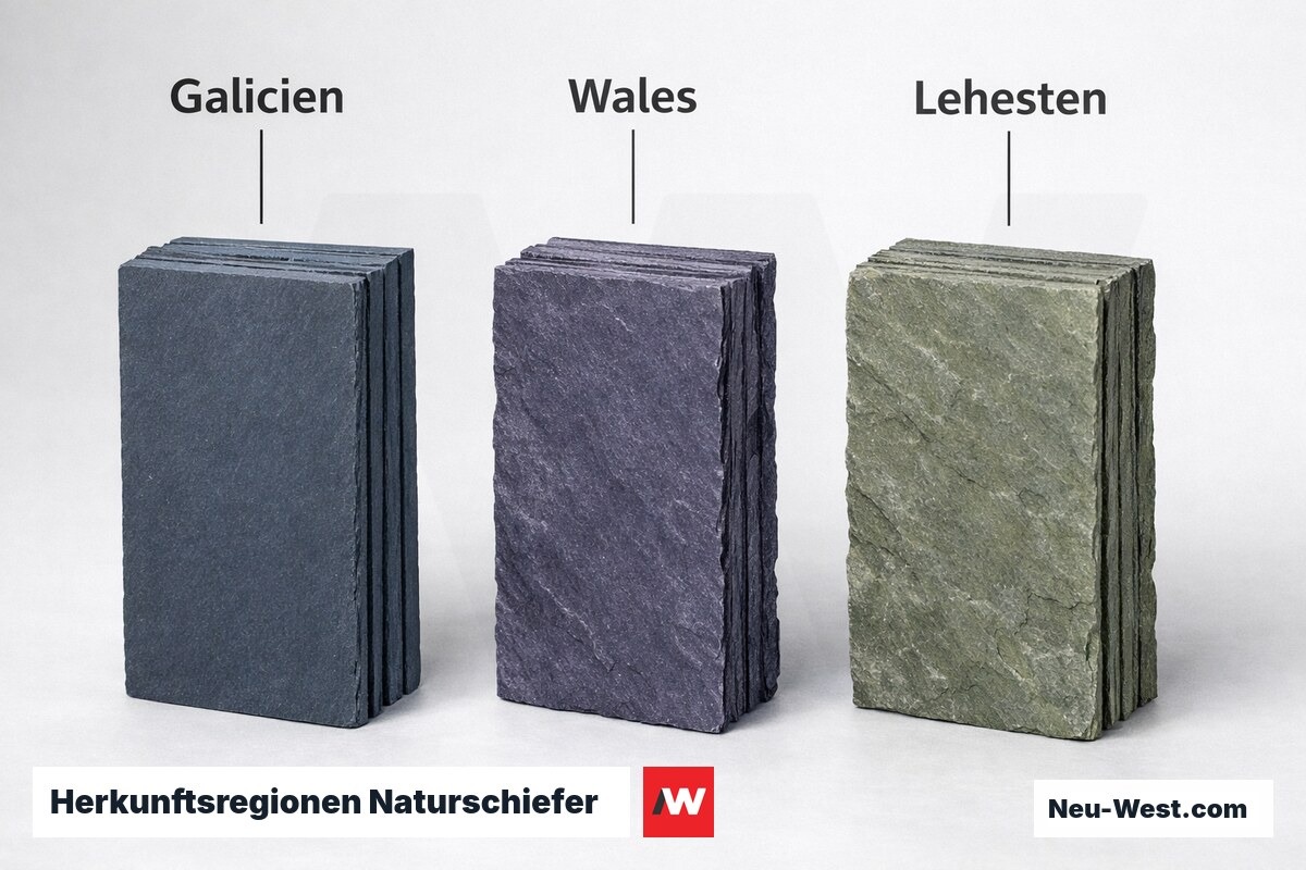 Herkunftsregionen Naturschiefer: Mineralcharakter und Standardformate – Erklär-Grafik (NEUWEST Berlin)