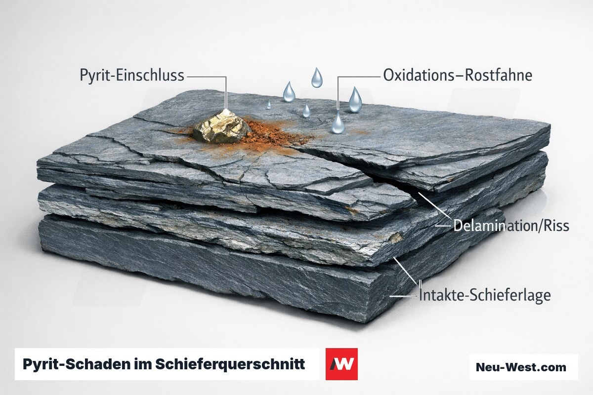Querschnitt einer Schieferplatte: Pyrit-Einschluss oxidiert, verursacht Rostfahne, Rissbildung und Delamination der oberen Schieferlagen.