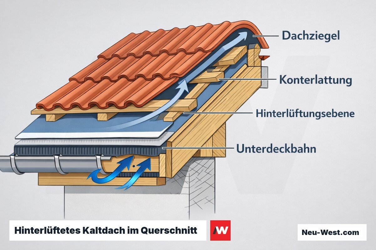 Querschnitt eines belüfteten Kaltdachs mit Unterdeckbahn, Konterlattung, Hinterlüftungsebene und Dachziegeln, Luftstrom von Traufe zum First.